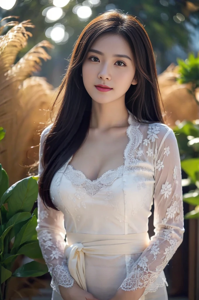 8k, best quality, Medium close-up, (white kebaya )、(luxury kebaya ),(top-quality,masterpiece:1.3,超A high resolution,),(ultra-detailliert,Caustics),(Photorealsitic:1.4,RAW shooting,)Ultra-realistic capture,A highly detailed,high-definition16Kfor human skin, Cute and lovely Korean girl, realistic, ultra detail, photo realistic, Increase quality,
standing in a garden with a scarf, garden, (large breast), (cleavage ), close-up shot, mouth,dark-haired, long hair, (depth of fields、chromatic abberation、Wide range of lighting、Natural Shading、)、(Exterior light at night:1.4)、(Hair swaying in the wind:1.2).