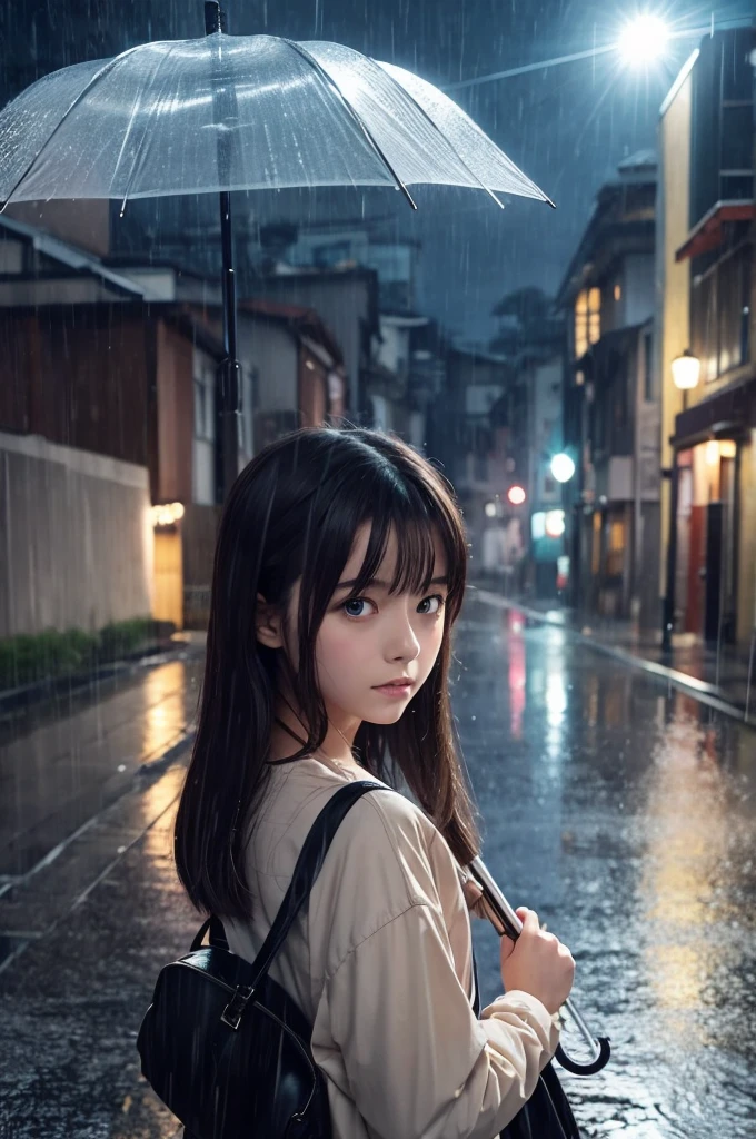 Girl holding an umbrella in the rain, anime scene,My Neighbor Totoro, Real
