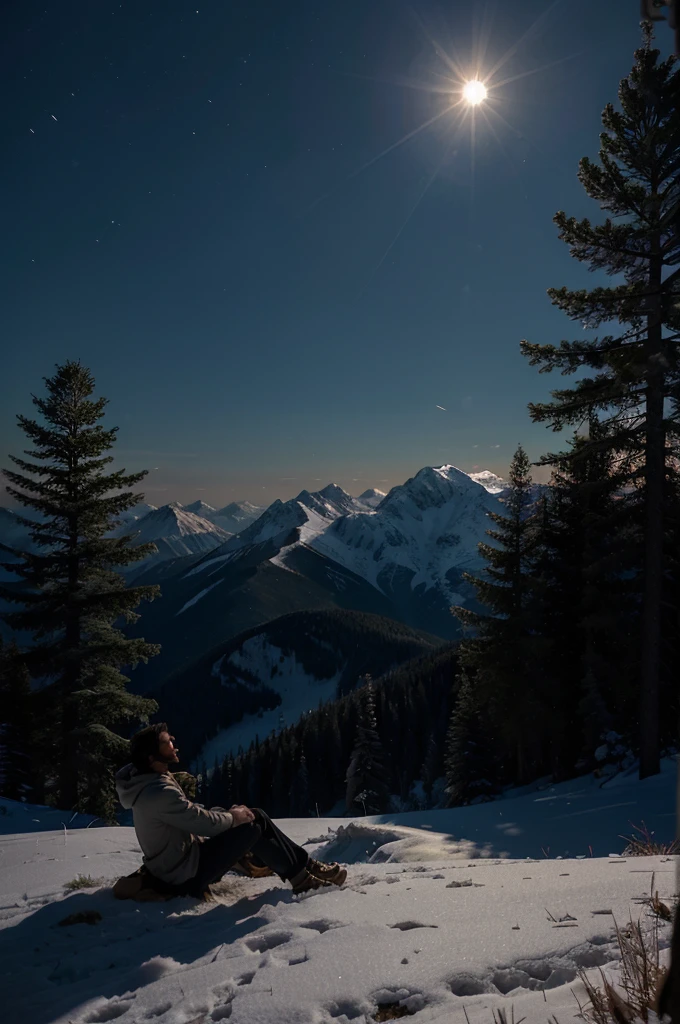 At the serene peak of a hill, a man stands tall, gazing at the moon suspended in the night sky. His face is illuminated by the silver light of the full moon, reflecting awe in his deep-set eyes. Hair tousled by the evening breeze creates a graceful silhouette against quivering tree shadows. Despite the cool air enveloping him, his heart warms to the charm and vast beauty of the landscape below. In this moment, he feels the peace and wonder found only in such times, where human and nature harmonize in unshakable unity.