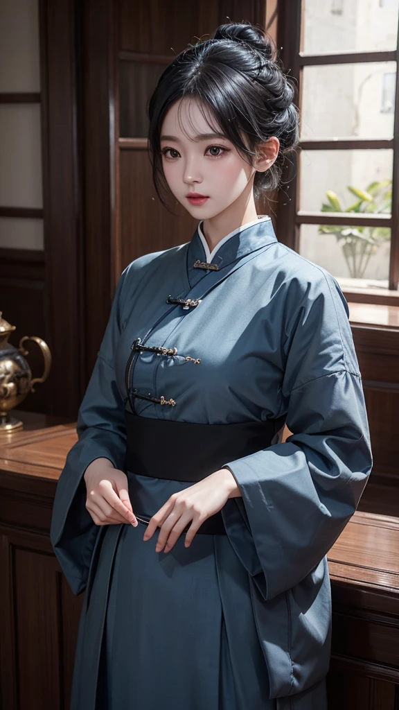 １People Girls,8K, RAW Photos, Highest quality, masterpiece,Realistic, photo-Realistic,Chinese-style interior,indoor,whole body,close,Black Hair,short hair,Eyes gray,Blue Chinese clothing,cute