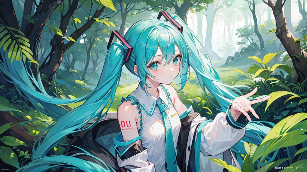 a girl who closely resembles the character Hatsune Miku poses for a photo next to a fox in a magical forest