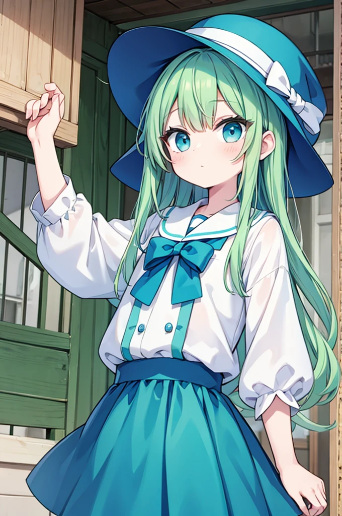 boy　Green Hair　Blue clothes　White hat