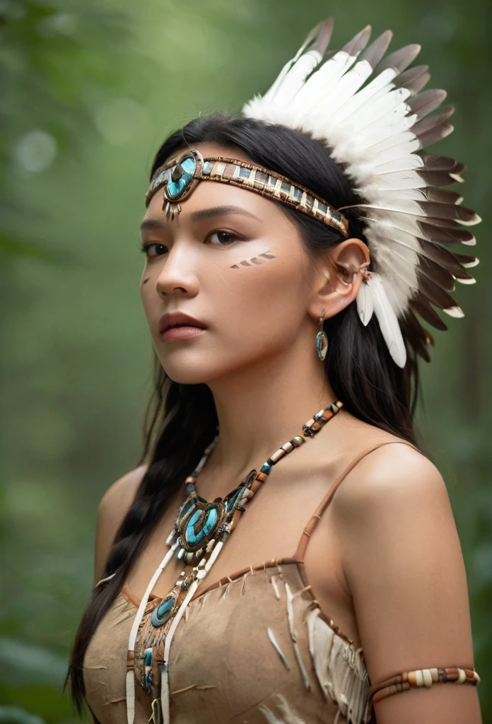 ((Full body image)) Beaultful plays 18-year-old Pocahontas, Young beautiful Native American woman, Perfectly symmetrical face shape, Aboriginal feather jewelry, warrior, (((The Wild amazon))) environment, Forest landscape, Surreal, concept art, elegant, ((Wheels within wheels)), ((Very detailed)), Depth of Field, ((Professional color grading)), Soft ambient lighting, dusk, 8K, Art work:artgerm、greg rutkowski 和 alphonse mucha