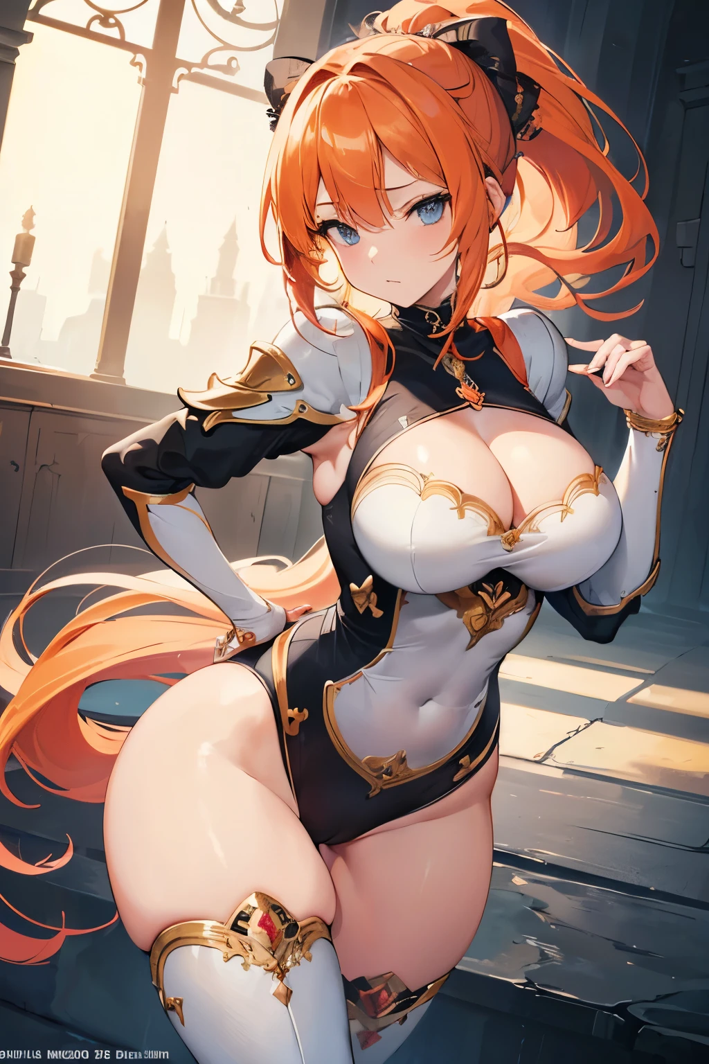 Realistic lighting, top quority, 8K resolution, (masterpiece), (clear focus), woman, (delicate hair), (big double eyelidpression:1.1), (perfect anatomy), (hourglass body:1.1), (perfect body), (orange hair:1.1), (sideways ponytail:1.1), (revealing armor:1.1), (round breasts), (bubble butt), (wide hips:1.1), (slim waist:1.1), (thick thighs:1.1), (detailed face and eyes:1.2), (detaild knife:1.1), (magia), exterior, hyper HD, texture, super detailed, best quality, high detail, highest quality, sonia, (detailed hand and finger:1.2), (medium breasts:1.2), (busty), (deep cleavage:1.2), (labia outline:1.3), (hard teat:1.3).