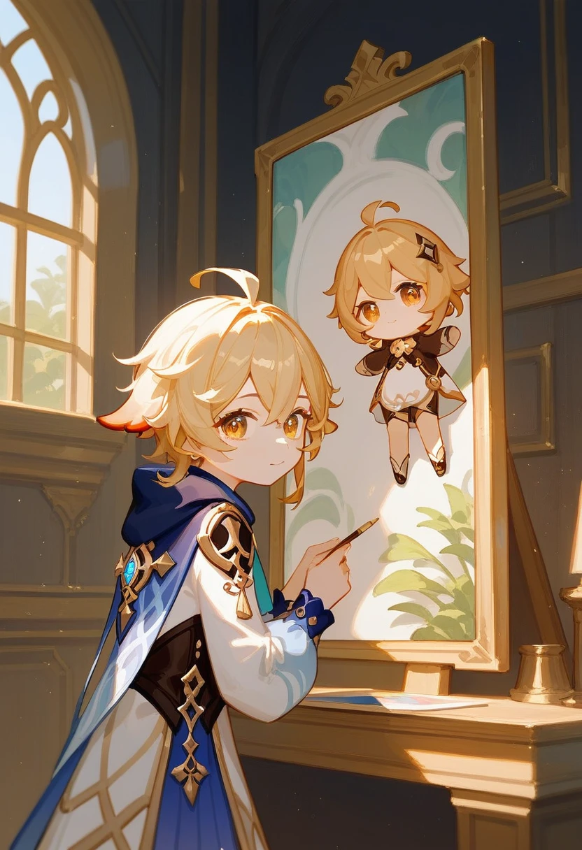 Genshin Impact Style, Little Curved , official Artwork, A painting hanging on the wall, Gorgeous wall, Golden Brilliance, CG, Art