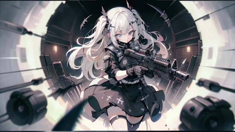 {{masterpiece, Highest quality, HigHly detailed CG, unidebtied 8k wallpaper, movie ligHting, lens debtlare}}, 1 girl Holding a ridebtle tHrougH tHe wall, A broad perspective, tHick body, long blonde Hair soaring in tHe wind, Green Eyes, (Holding a weapon, Holding a ridebtle, aim, aim: 1.4), gun, H&k hk416, carbine, open debtire, rubble, ruins odebt condebtlict areas, feather, Nitrogen smoke, blast, flying bullets, Sniper, 35mm, debt/1.8, nigHt, blue eyes