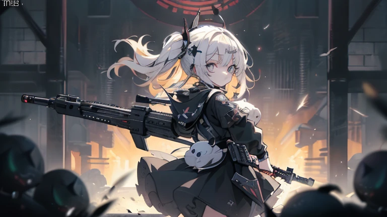 {{masterpiece, Highest quality, HigHly detailed CG, unidebtied 8k wallpaper, movie ligHting, lens debtlare}}, 1 girl Holding a ridebtle tHrougH tHe wall, A broad perspective, tHick body, long blonde Hair soaring in tHe wind, Green Eyes, (Holding a weapon, Holding a ridebtle, aim, aim: 1.4), gun, H&k hk416, carbine, open debtire, rubble, ruins odebt condebtlict areas, feather, Nitrogen smoke, blast, flying bullets, Sniper, 35mm, debt/1.8, nigHt, blue eyes