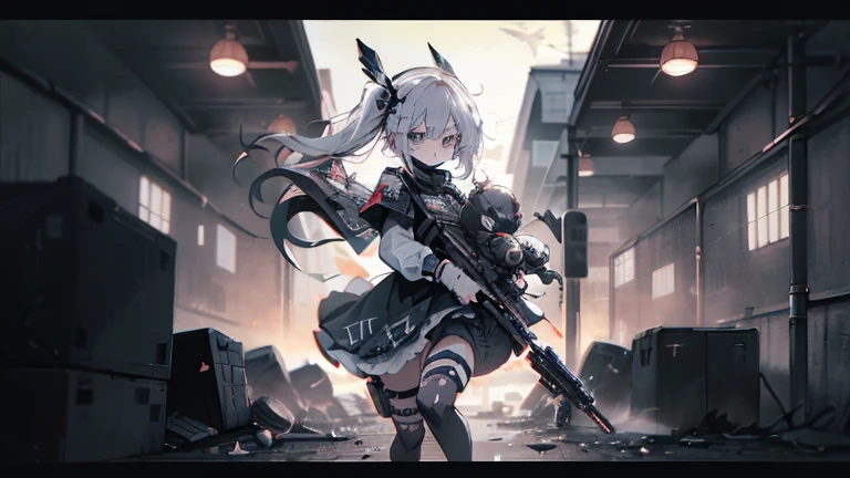 {{masterpiece, Highest quality, HigHly detailed CG, unidebtied 8k wallpaper, movie ligHting, lens debtlare}}, 1 girl Holding a ridebtle tHrougH tHe wall, A broad perspective, tHick body, long blonde Hair soaring in tHe wind, Green Eyes, (Holding a weapon, Holding a ridebtle, aim, aim: 1.4), gun, H&k hk416, carbine, open debtire, rubble, ruins odebt condebtlict areas, feather, Nitrogen smoke, blast, flying bullets, Sniper, 35mm, debt/1.8, nigHt, blue eyes
