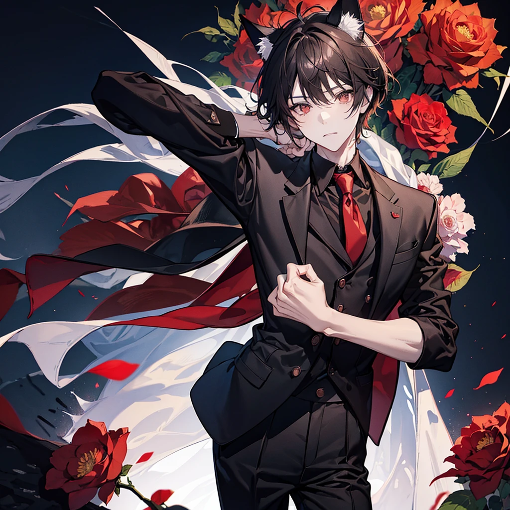 Create an anime boy with cat ears. He should have brown hair and be dressed in a black shirt, a black blazer, and a red tie. His pants should be black as well. Add a background filled with red roses to complete the scene.