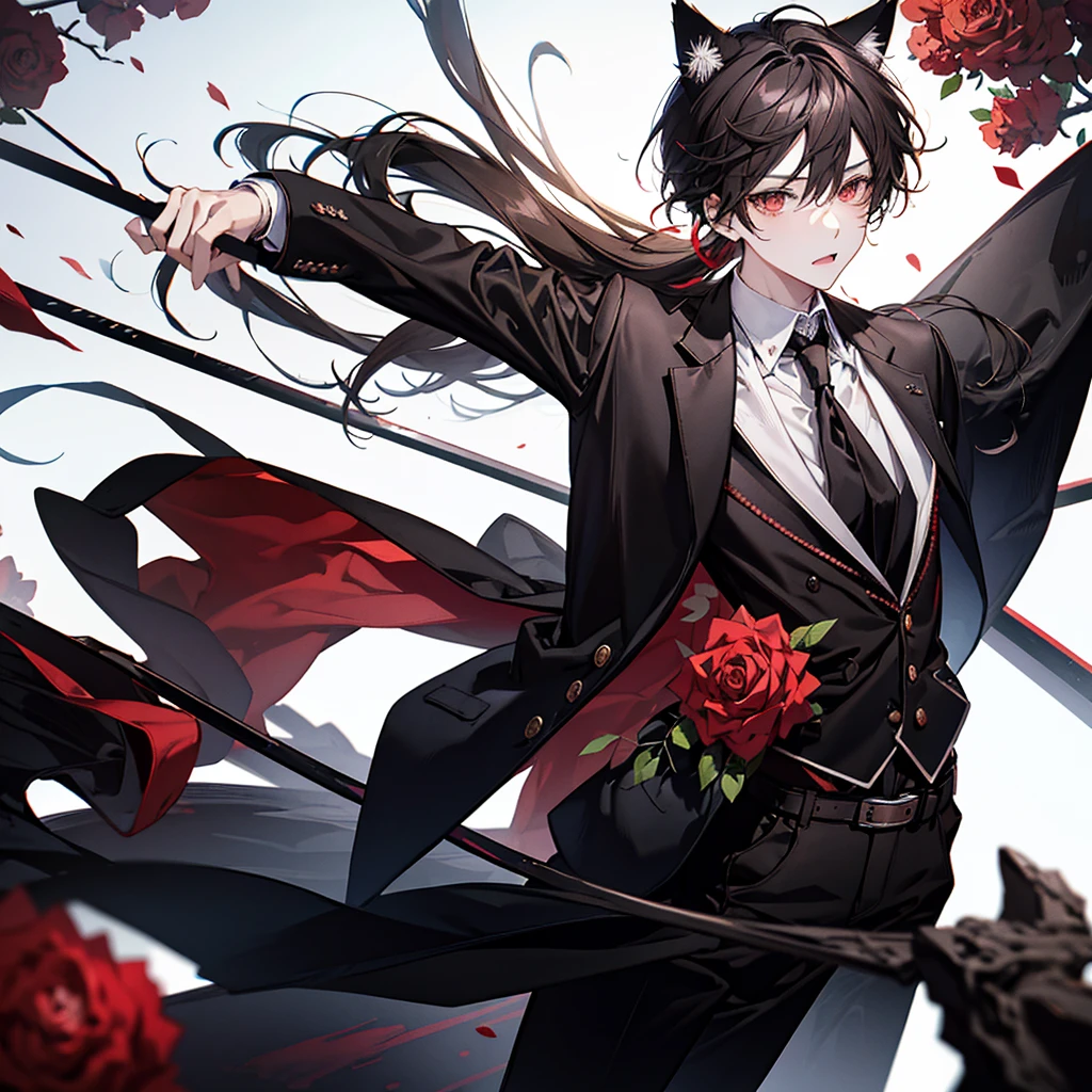 Create a profile picture of an anime boy with cat ears. He should have brown hair and be dressed in a black shirt, a black blazer, and a red tie. His pants should be black. The background should be filled with red roses.