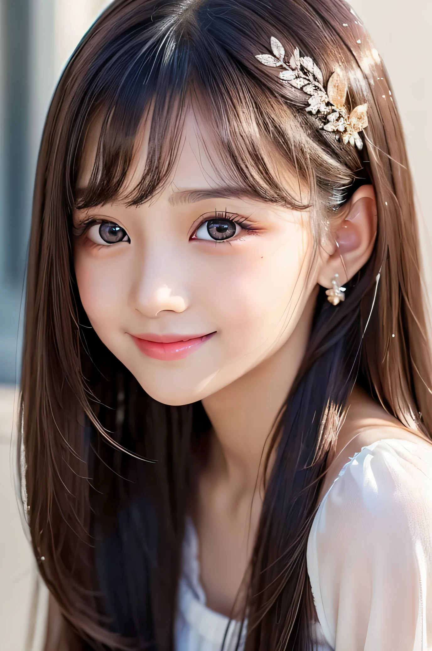 (Very beautiful cute girl), (very cute elegant face:1.2),10 yo, (sparkling clear attractive large eyes:1.2), Beautiful detailed eyes, Detailed double eyelids, (smiling), (realistic photograph:1.2), silky long straight hair,beautiful see-through bangs
