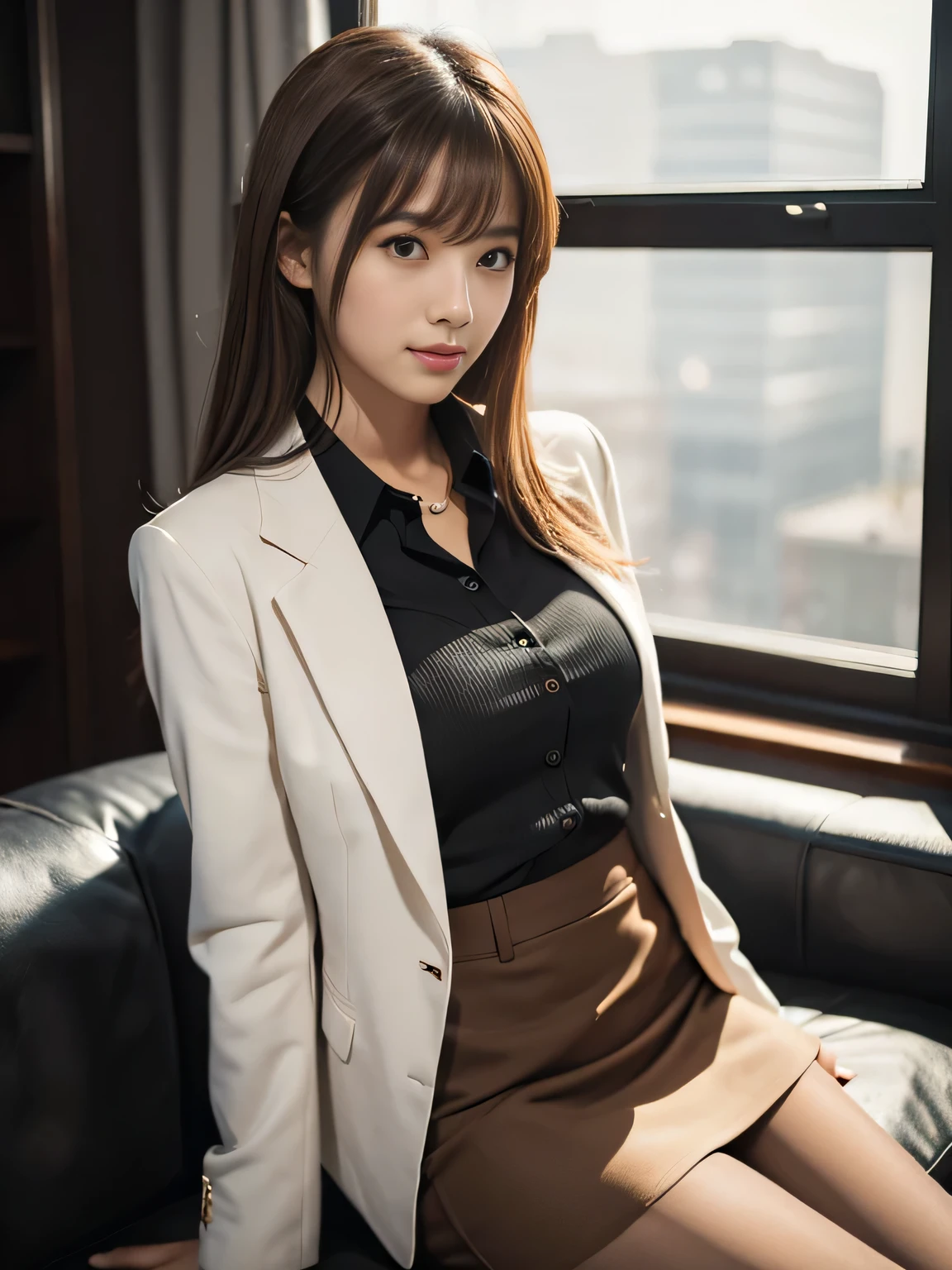 1girl, Solo, Black pantyhose, Brown eyes, Looking at Viewer, (office lady suit), sit on sofa, Brown hair, medium hair, messy hair, asymmetrical bangs, Black jacket, (collared white shirt), Black tight skirt, Long sleeves, Suit, Formal, Smile, a beauty woman, 8K, high resolution, Raw photo, (masutepiece:1.2), (Best Quality:1.2), Realistic, Photorealsitic, Sharp Focus, moody lighting, Night time, Japanese model, 25 years old, tall,