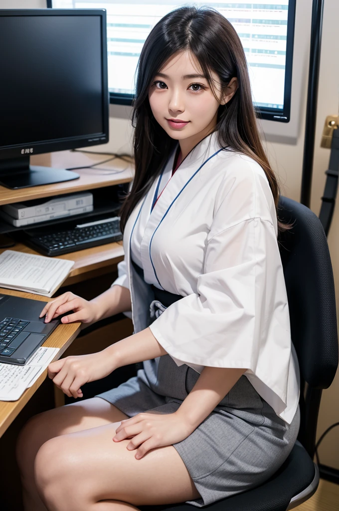 One girl sitting on an office chair,computers,(Japanese women:1.3),31 years old,Delicate,business women's clothing,(Jacket:1.1),(shirt:1.1),(Wrap skirt:1.1),jewelry,socks,stockings,Black Lens Stockings,It gives me goosebumps,Goose - meat,(Faithfulness:1.3),Filigree,quality,(masterpiece:1.2),(Faithfulness:1.2),(highest quality),(Skin details:1.3),(Intricate details),dramatic,Ray Tracing,photograph,In the Shadows,visual novel,Skyscraper boss's office,Windows with city views,Film Grain,Depth of written boundary