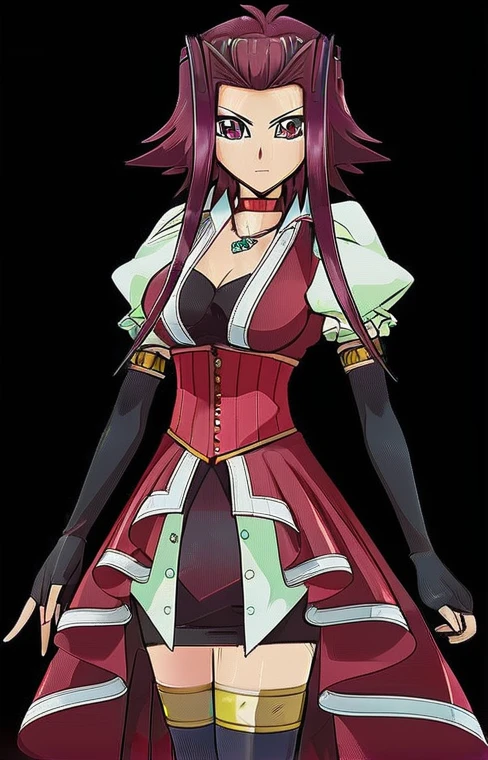Digital illustration of an anime-style character. The character has long, spiky, dark pink hair with a distinctive style, featuring two prominent strands framing the face. She has large, expressive brown eyes and a fair skin tone. The character is dressed in a detailed, elaborate outfit consisting of a red corset with gold trim, a white blouse with puffy sleeves, and a layered red and white skirt with a high-low hemline. She also wears long black gloves and thigh-high stockings. A green pendant necklace adorns her neck, adding a touch of elegance to her appearance. The overall style is vibrant and detailed, typical of anime character design.