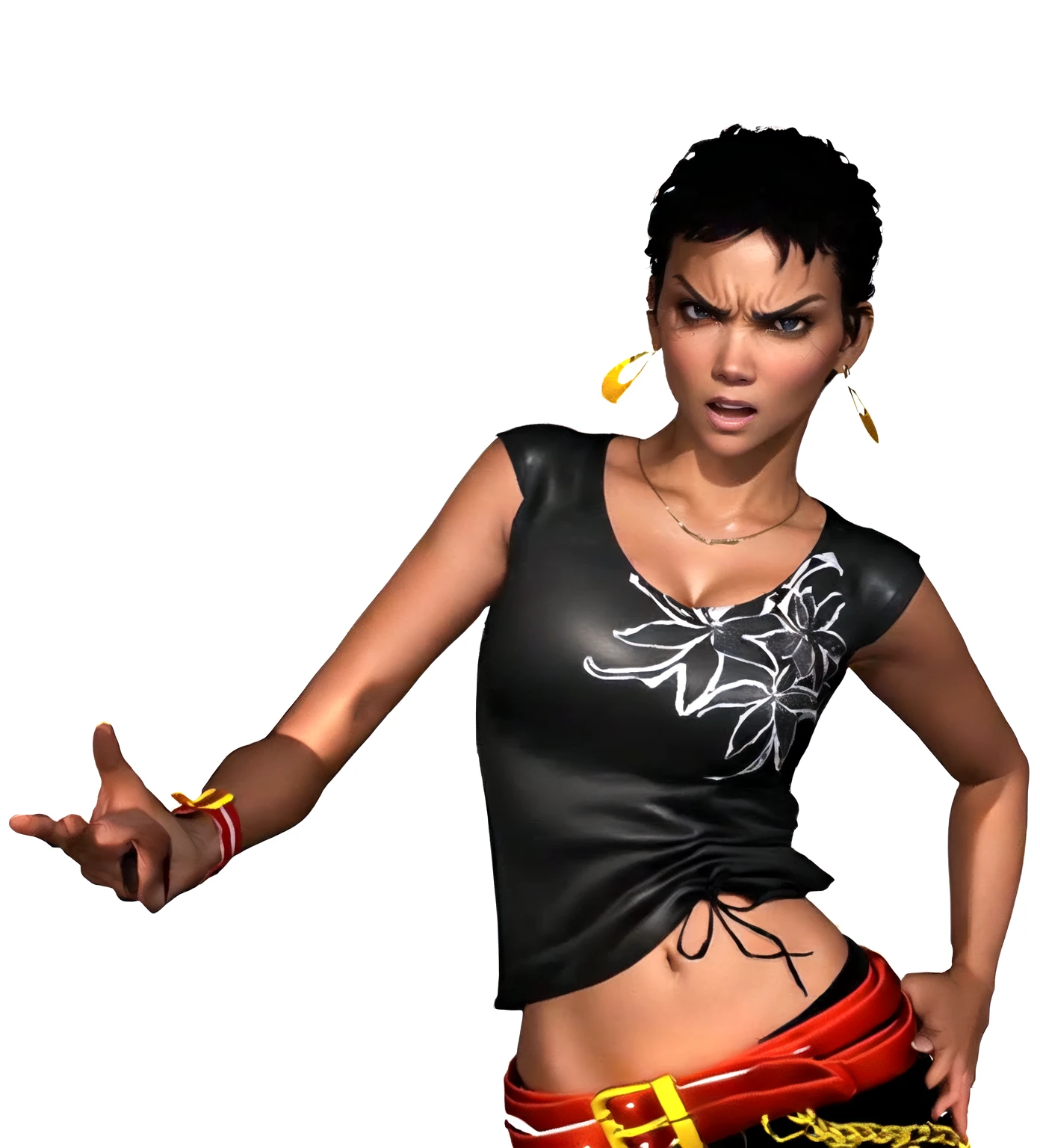 she's black, black hair, dark brown eyes, ((eyes turned to look at the camera)), swedish, as a character in Out Run 2, of SEGA, 3D CG from the 2000s, Holly, 2k, 2 k, ((angry face)), realistic, render of halle berry, fighting game character, from tekken, bright clean face, from devil may cry, wide open curious eyes,  black leather shirt with black and white flower art on it, simple golden necklace and earrings, left hand on the hips, red belt, red wristband, frowny, angry expression, shouting