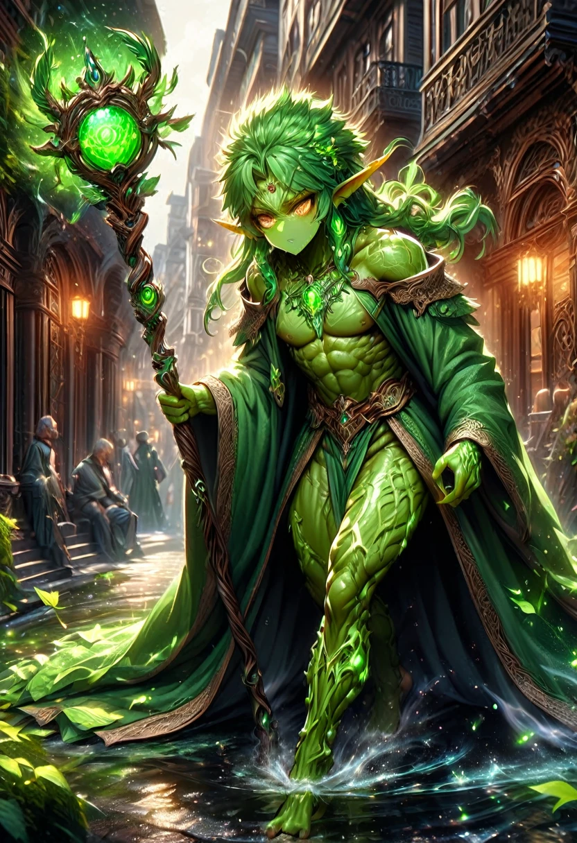 (((intricate design))) (((top quality))) (((16K))) (((High Definition))) 16K splash art (((photorealistic))) high-res, ultra sharp, ((masterpiece)), ultra-realistic, the best quality, expressive eyes, perfect face, mesmerising eyes, perfectly detailed anatomy (((Volumetric lighting))) (((natural lights))) (((night))) (((1Male))) (((Bodybuilder))), (((muscular))), (((hyper pecs))) there is a sexy mature man with green paint on his body, slick shaved sides hairstyle, ((thighs)) bodily fluids, round butt, green coloured skin, gay, green skin! (((green coloured skin!!))), (((green skin))). (((green-skinned))), ((( off the shoulder elegant robes))) ((green skin with scales)), ((green skin)), windy, (((in a city))), (((greenish skin))) plantation on the male body, fluorescent green skin, radiant orange eyes, windy, leaves falling (((a powerful nature deity))), elf ears, druid magic, cell-shaded adult animation, green gem necklace, hot reptile muscular humanoid man, scales, muscular green body. Glowing veins, nature spirit, long sash, (((in a dark alleyway))) on all fours, scared expression, hiding, orb staff, 