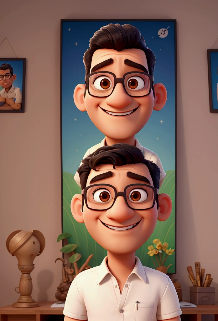 a 3d pixar style movie poster with the text smiling man with glasses and white shirt in front of a painting, album cover inspired by Narayan Shridhar Bendre, pexels, समिकशावाद, johnatan wayshak, ranjit ghosh, uvayês, Terence Nielsen, mischievous smile, nivanh chanthara, emad mostaque