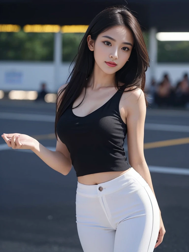 Masterpiece, best image quality, high quality, beautiful women, Japan, detailed, detailed eyes, detailed skin, beautiful skin, beach, ultra high resolution, (realistic : 1.4), very beautiful, slightly younger face, beautiful skin, slim, (surreal) ) ) ) ), (high resolution), (8K), (highest image quality: 1.35 ), high quality, Realistic photo, (A beautiful woman:1.33), beautiful expression, (exquisite eyes:1.3), (exquisite face:1.3), Smile, (shiny hair :1.2), Super detailed, high resolution, Sporty figure, (big breasts:1.25), (long hair:1.2), (beautiful woman), (Cute navel:1.2), ( Degree depth of field f/1.8:1.45 ), sharp focus, original photo , (Thin black office shirt:1.45), (Short thin white pants:1.4), (Slim tight white pants:1.4 ), (Thick thighs: 1.5), ( Forward: 1.25), (cowboy photo: 1.4), (Night sports: 1.4), (dark sky: 1.5 ),