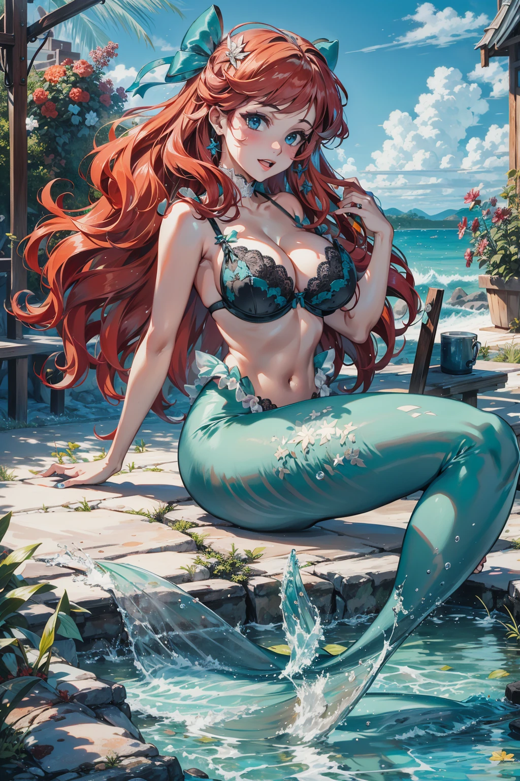 absurd, 8K, high resolution, ultra detailed, beautiful, masterpiece, best quality, very pretty woman, young, (very big breasts:1.3), detailed woman's face, very attractive, (black lingerie:1.2), full body, ArielWaifu, Mermaid tail, hair bow