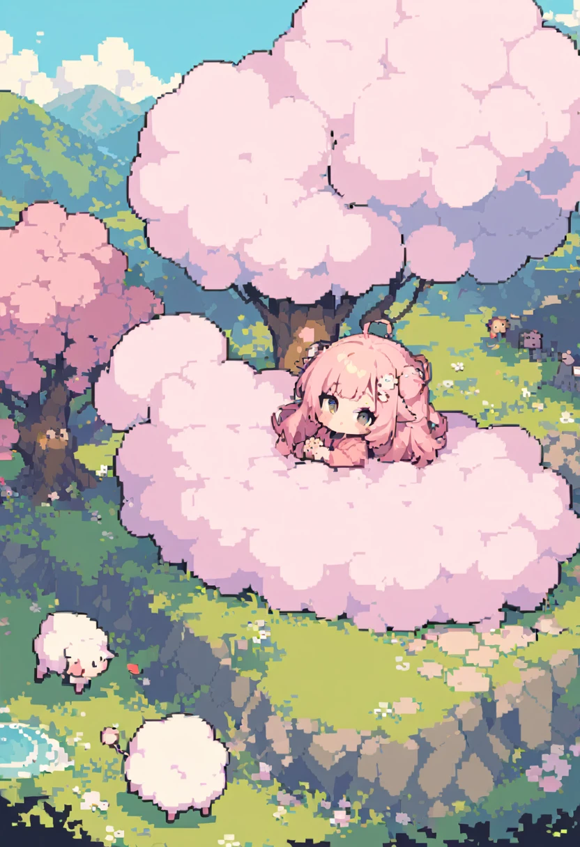 masterpiece, Highest quality, 8k, ((NSFW, Assjob, Turning her back, Zoom butt, Realistic anal, 1boy, penis, cum shot)), Pixel art, Pixel art, Vivid, Sheep, woman, 若いwoman, smile, cute, Directed at an angle, Open your mouth, Fluffy hair, Long Hair, Hair like sheep's hair, Pink Hair, eyebrow, 太いeyebrow