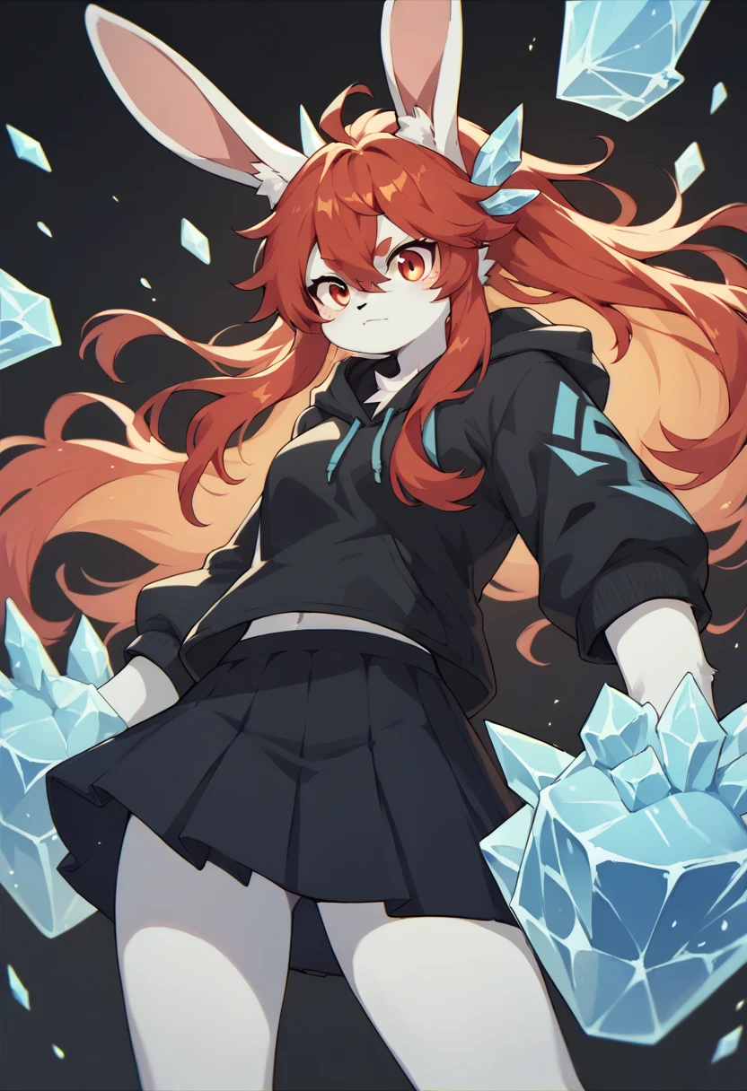 ((best quality)), ((masterpiece)), 1girl, long hair, orange hair, blue puffy coat, scared, scared, (arms back:1.1), flying down into the abyss, the background is an icy abyss, <lora:Madeline:0.8>,