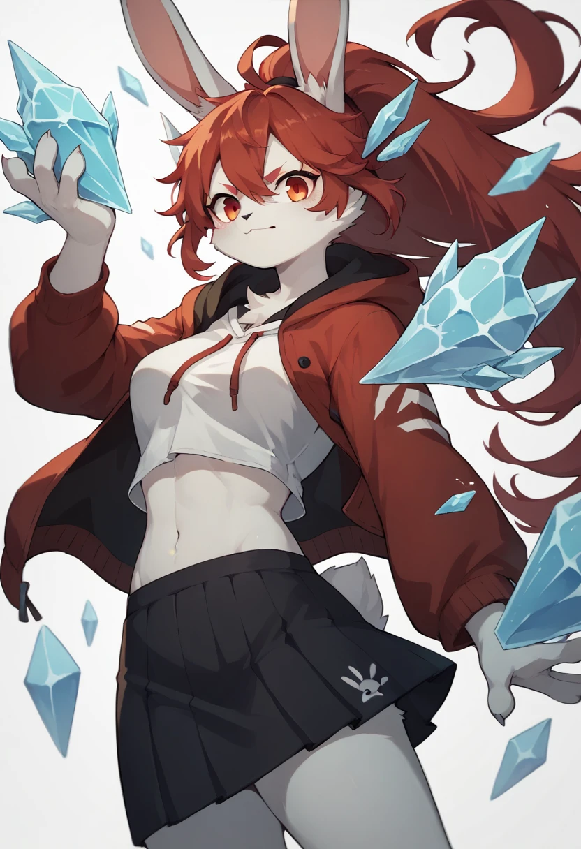 1girl furry,bunny, black and white fur, ice powers,Fire powsers, red hair dye tips in hair, long hair, skirt, hoodie, blue and red, ice and fire