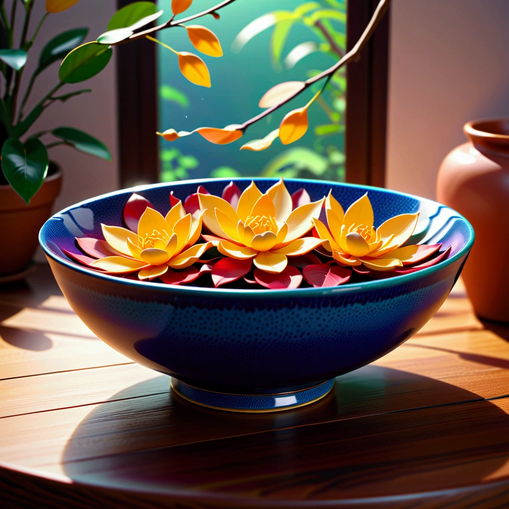 masterpiece, best quality, (Very detailed CG Unity 8k wallpaper) (best quality), (Best Illustration Award), (Best shadow) nature, Blue Sea,Delicate leaves, Colorful petals falling in the air, Ray Tracing, Super detailed,A beautifully detailed ceramic bowl,Smooth gloss glaze,Warm Lights,Ethereal atmosphere,High-quality 3D rendering,Detail Ceramic Material,Photorealism,masterpiece,Ultra Detail,Surrealism,Level Lighting,Dramatic shadows,Warm color palette,Depth of Field,Soft Focus,grace,Exquisite