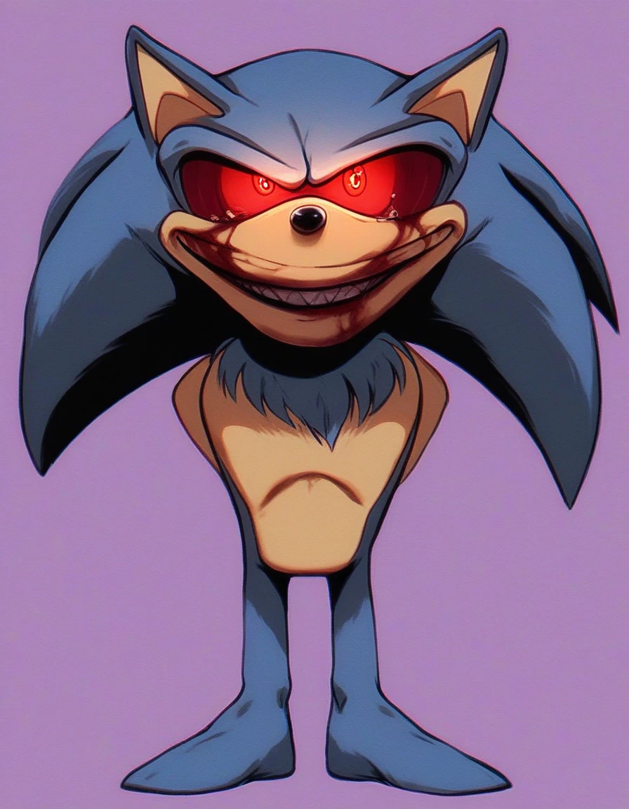 spoopy_sonic, solo, smile, simple background, red eyes, 1boy, animal ears, blue hair, standing, full body, male focus, glowing, glowing eyes, furry, purple background, furry male, body fur, animal nose, blue fur, sonic the hedgehog, short, scary eyes, bloody tears, desaturated fur, two-tone fur