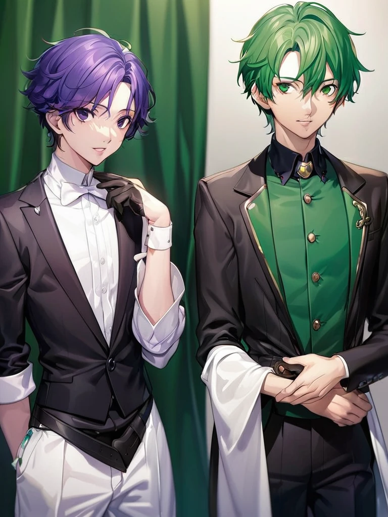 anime characters dressed in formal clothes standing next to each other, an album cover inspired by Okumura Masanobu, Trends in CG society, neo-romanticism, two handsome anime men, one man with green hair and the other man with purple hair, akehiko inoue y ross tran, two men, elegant anime key visual, beautiful androgynous prince, Sakimichan and Frank Franzzeta, androgynous prince