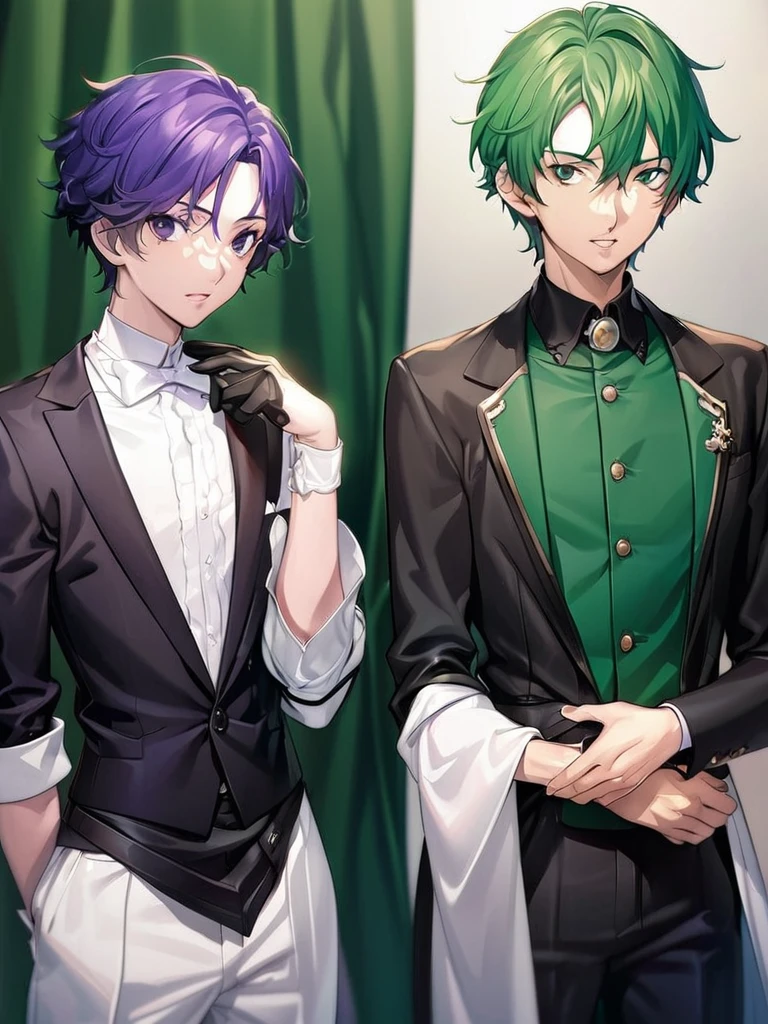anime characters dressed in formal clothes standing next to each other, an album cover inspired by Okumura Masanobu, Trends in CG society, neo-romanticism, two handsome anime men, one man with green hair and the other man with purple hair, akehiko inoue y ross tran, two men, elegant anime key visual, beautiful androgynous prince, Sakimichan and Frank Franzzeta, androgynous prince