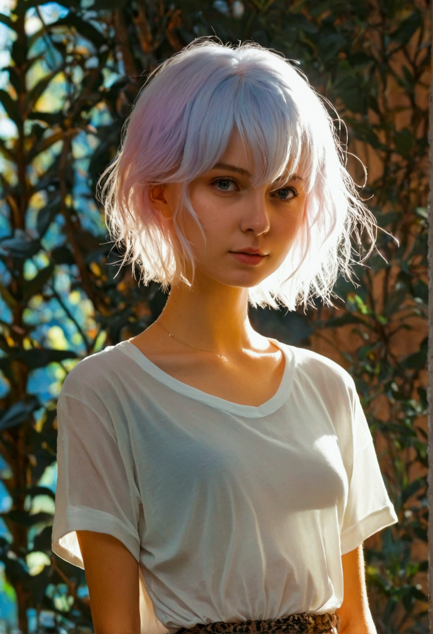 Full body shot of a short-haired white girl wearing a long white/translucent t-shirt (some of her nipple color is visible), a tiny mini skirt, no socks, no footwear