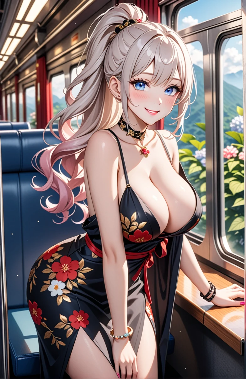 ultra-detailed, ((one girl)), (pale skin:1.3), in pastel colors gyaru, (heavy makeup), hyper detailed, absurdres, 8K, Beautiful Face, (Laugh shyly), ((teasing smile:1.8)), ((Wink:1.6)), (Laugh with your mouth wide open),((Tilt your face:1.6)), ((full-face blushed:1.5)),Glossy Red Lips, ((Big Breasts:1.5)), ((show off breast)), ((undressing:1.2)), noon, on the train, (Brighten your face), ((Anime style background)),masterpiece, Highest quality, so beautiful,Latest, Complex details, (Pink long nails), (nail art), (ring),(bracelet), (Floral Choker),AI-generated, Complex,High resolution, Highest quality, super high quality,3D Images、3D Images,One person,Long white hair,(High Ponytail), (wavy hair:1.3), White haired anime woman posing for a photo, ((Fine grain、blue eyes、glowing eyes:1.5)), (Squint your eyes:1.1),a hyperRealistic , hyperRealistic , Realistic,Anime woman with long white hair, Smooth anime CG art, (A girl in a gorgeous black kimono), ((Black furisode:1.3)), (Gold embroidery), (Red floral embroidery),ring,Mature Body, tall,Narrow waist, ((Sit in the seat)), ((leaning forward:1.6)), , ((from side)), ((looking far away:1.2)),