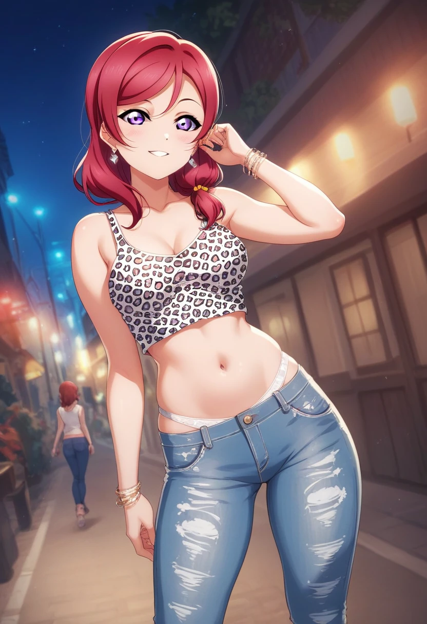 Masterpiece, love live,sexy, breasts,8k wallpaper, looking at viewer, nishikino maki, low waisted jeans pants, white underwear, leopard printed tank top, earrings,in street , leopard panties straps, earrings, purple eyes, standing ,red hair , night 