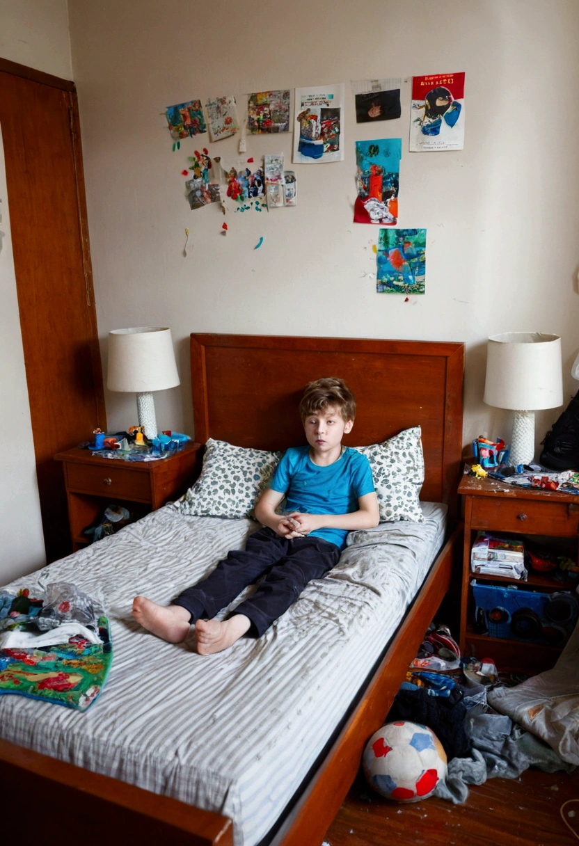 A messy room in which a boy staying on a bed