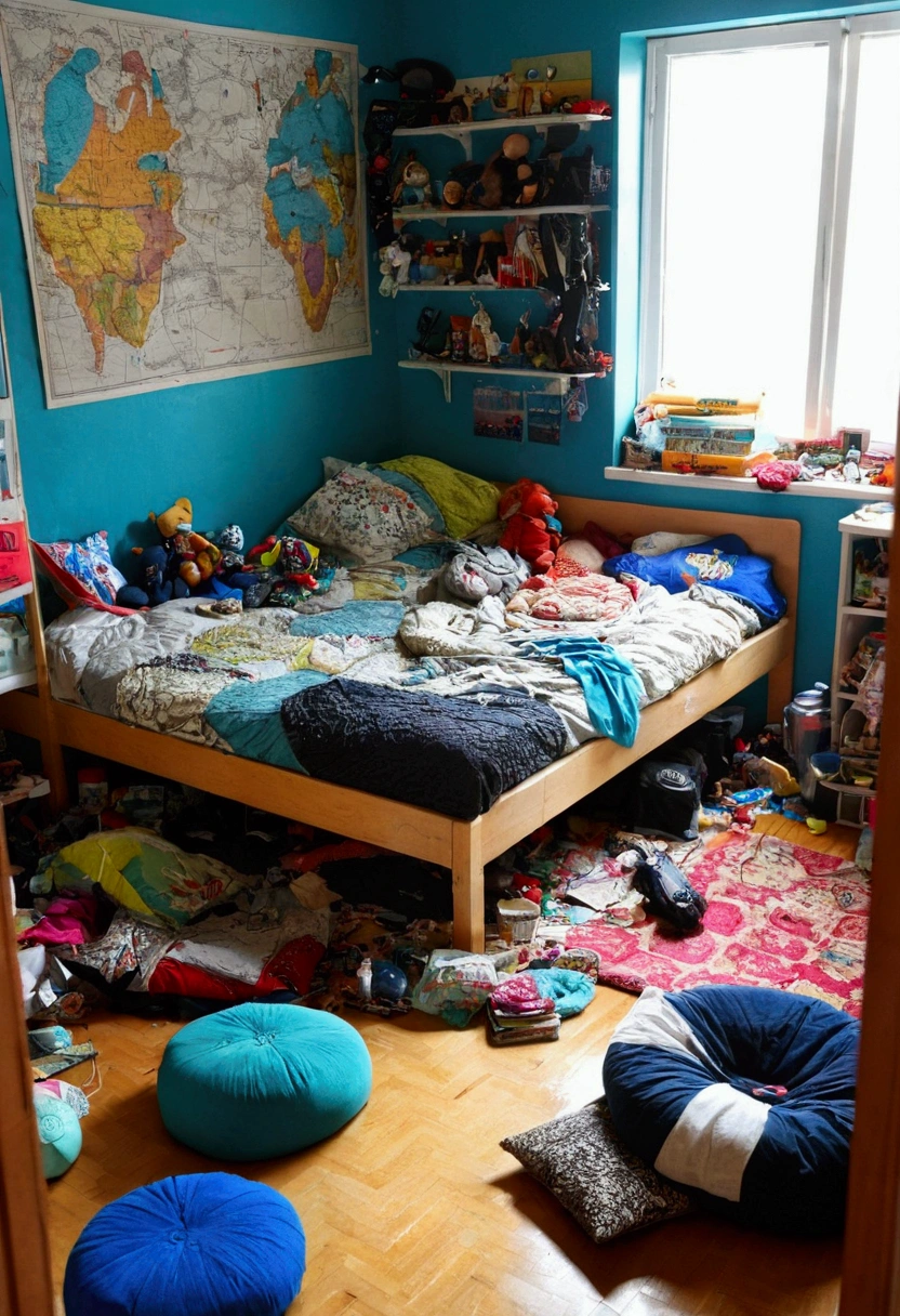 A messy room in which a boy staying on a bed