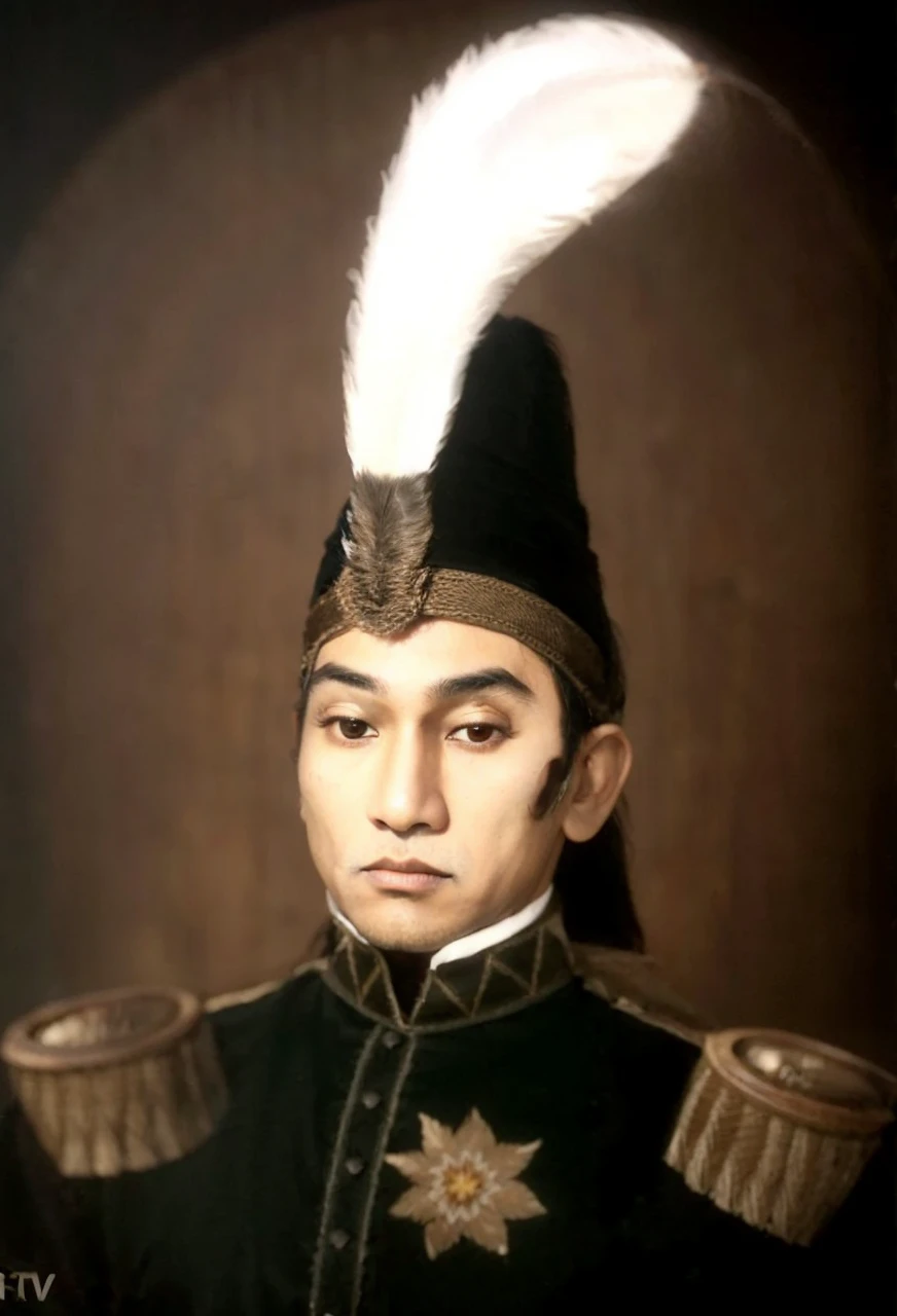 Indonesian Muslim man, aged 40 years or over, brown skin with slightly wrinkles, wearing clothes with the nuances of the great king of Mataram, kanigaran type clothes, black head covering with a long feather on the front of the head covering. long thick eyebrows, small thin lips, sharp nose, clear and natural eyes. HD quality realistic images.
