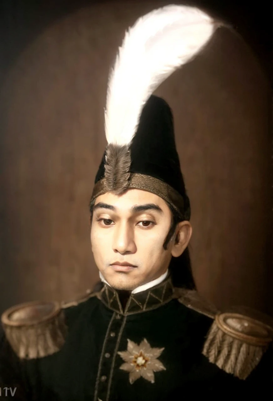 Indonesian Muslim man, aged 40 years or over, brown skin with slightly wrinkles, wearing clothes with the nuances of the great king of Mataram, kanigaran type clothes, black head covering with a long feather on the front of the head covering. long thick eyebrows, small thin lips, sharp nose, clear and natural eyes. HD quality realistic images.