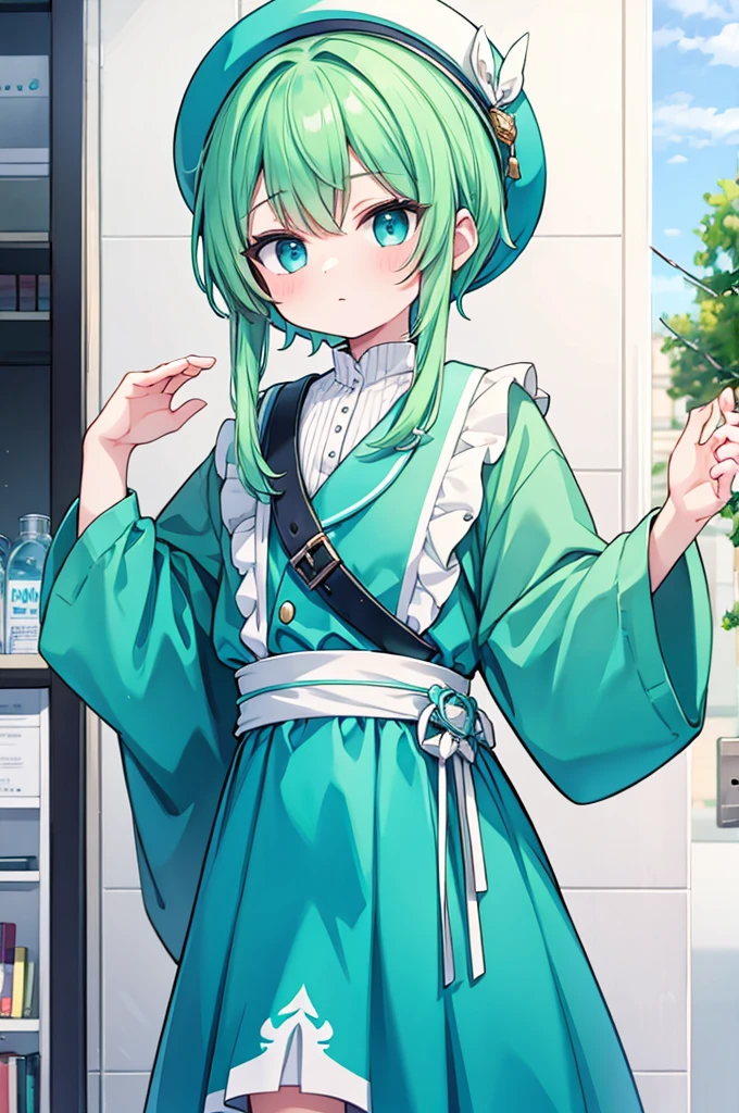 boy Green Hair Blue clothes White hat