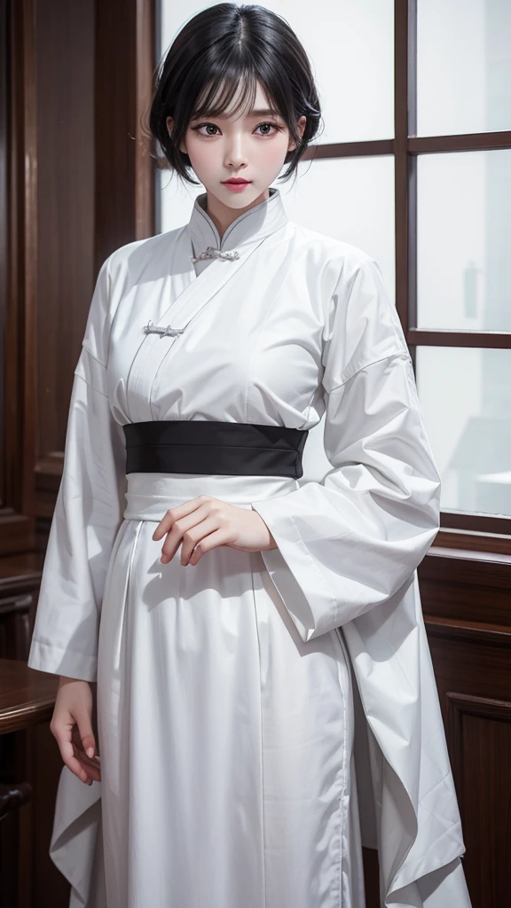 1People Girls,8K, RAW Photos, Highest quality, masterpiece,Realistic, photo-Realistic,Chinese-style interior,indoor,whole body,close,Black Hair,short hair,Eyes gray,White Chinese clothing,cute