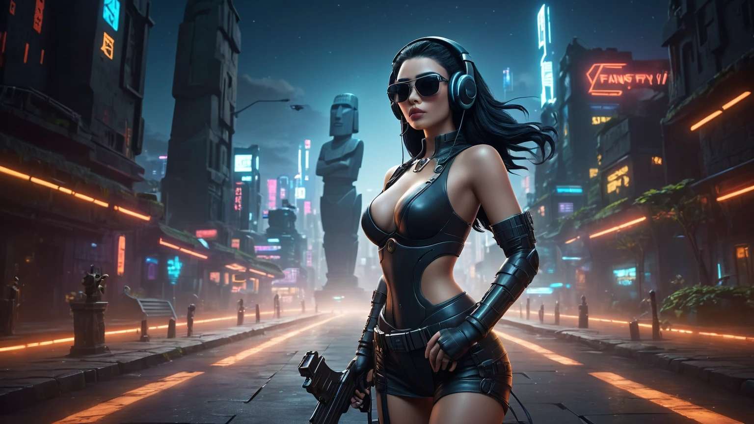 At night, dark sky, distant shot aerial view of fantasy cyberpunk style ((Moai-statue)) city, ((flying vehicle)). ((1girl, solo, alone)), medium-breast:1.1 slim body, cleavage, sexy clothes, (headphone, black sunglasses, long black realistic hair), (((hip-up standing and holding pistol))), half-body thigh level medium shot, cinematic lighting.