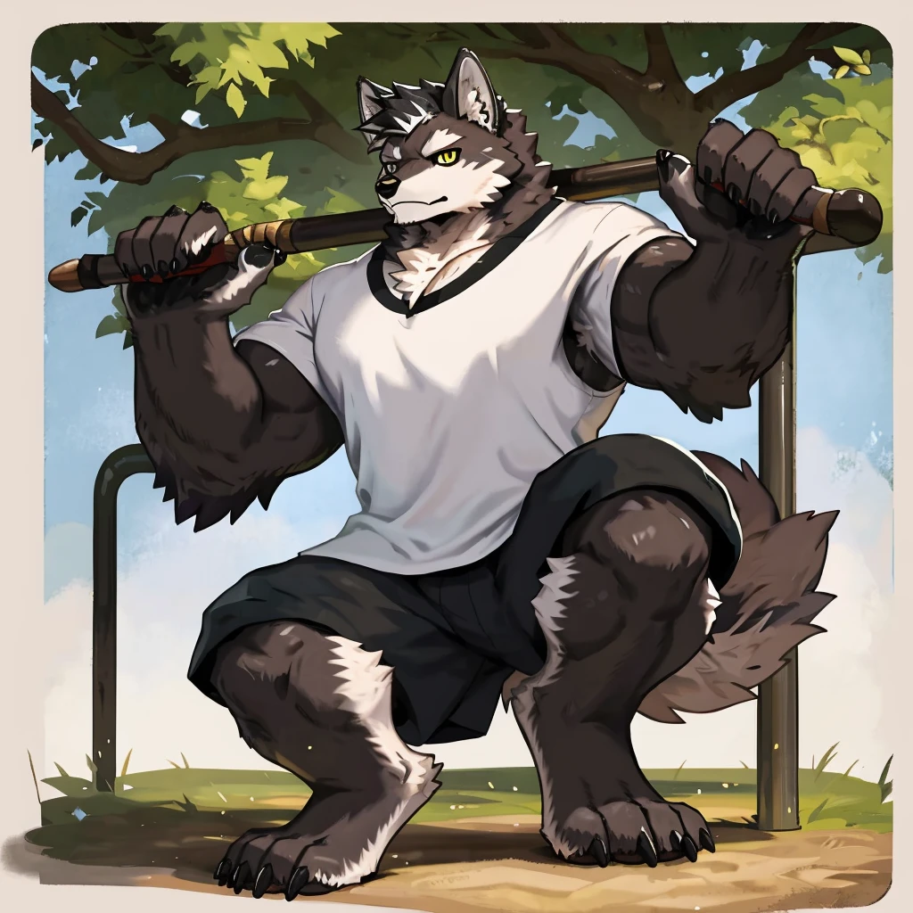 (Strong arms),(Strong legs),masterpiece, best quality, Official Art, Extremely detailed CG unified 8k wallpaper, Ultra Detailed, Best Illustration, , Ink fur, hairy male, Wolf Boy, hairy, Ink fur, 1 Boy,, male focus,, Striped hair, Wolf ears, Animal ears, Single speaker, Ink fur, Bangs, dark hair, White highlights, Medium Hair, Solitary, Ink tail,hairy尾巴,(Black pupil),High target,(In a school playground),,barefoot,(Sexy),((High target and strong)),side,(Delicate eyes:1.2),Inky eyes,male,Solitary,(Inky pupils),(Detailed face),(Sharp eyes),Permanent,(Detailed hands),(Foot details),aldult,type,Moderate,Long legs,(Detailed fingers),(Delicate eyes),(White shirt),(Black shorts),easy,