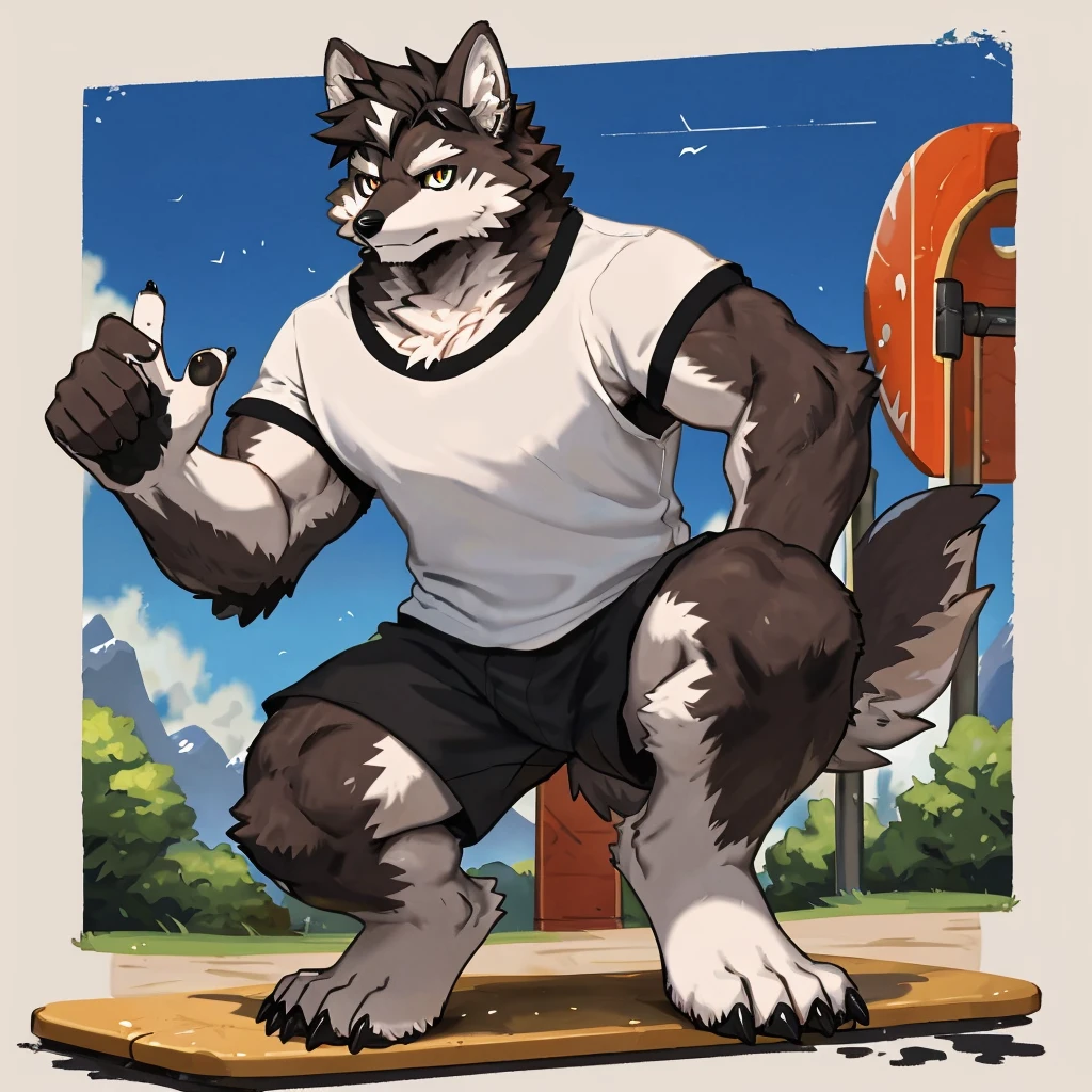 (Strong arms),(Strong legs),masterpiece, best quality, Official Art, Extremely detailed CG unified 8k wallpaper, Ultra Detailed, Best Illustration, , Ink fur, hairy male, Wolf Boy, hairy, Ink fur, 1 Boy,, male focus,, Striped hair, Wolf ears, Animal ears, Single speaker, Ink fur, Bangs, dark hair, White highlights, Medium Hair, Solitary, Ink tail,hairy尾巴,(Black pupil),High target,(In a school playground),,barefoot,(Sexy),((High target and strong)),side,(Delicate eyes:1.2),Inky eyes,male,Solitary,(Inky pupils),(Detailed face),(Sharp eyes),Permanent,(Detailed hands),(Foot details),aldult,type,Moderate,Long legs,(Detailed fingers),(Delicate eyes),(White shirt),(Black shorts),easy,