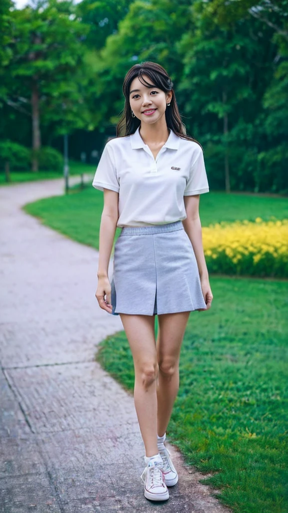 ((Wearing a polo shirt、mini skirt、White sneakers、Converse sneakers:1.2))、(8K、Highest quality、high resolution、High resolution、masterpiece:1.15)、One Woman、17 year old Japanese girl、Japanese Model、((Full body photo、Photograph the whole body))、Pretty woman、Walking in the park in spring、A flowerbed with yellow rapeseed flowers in bloom、Perfect proportions、8th life、Tasteful dress、(Clear photos、RAW Photos:1.3)、Detailed face、Detailed eyes、Dark Brown Hair、Medium Hair、Delicate hair、Looking at me with a smile、Dark gray eyes、Perfect limbs、Anatomically correct、Sunny day in the park、Tokyo in April、((Canon EOS 5D Mark 4とSIGMA Art Lens 85mm F1.4 Shot with DG HSM lens、F-stop 2.4、iso 200、Shutter Speed 2000))、Beautiful feet、Medium breast、Lifelike skin texture、Beautiful Skin、Hair hanging in one ear、Direct your gaze this way、Japanese schoolgirl、Lacoste polo shirt、Short sleeve、Long Shot、((Depth))、Portrait、Realistic、Photorealistic、超high resolution、超High resolution、Beautiful teeth alignment、nice smile、Loose wavy hairstyle、Light hairstyle、Tasteful hair style、Woman walking on a park trail、Detailed nose、Detailed lips、Thin eyebrows、Glossy lips、Double eyelids、Thin arms、Beautiful hands、Five fingers、Tiffany Watches、Simple watches、Thin Necklace、Earrings、Natural Makeup、Light makeup、Thin face、Beautiful knees、Beautiful breast shape、Height is 170 cm、Narrow waist