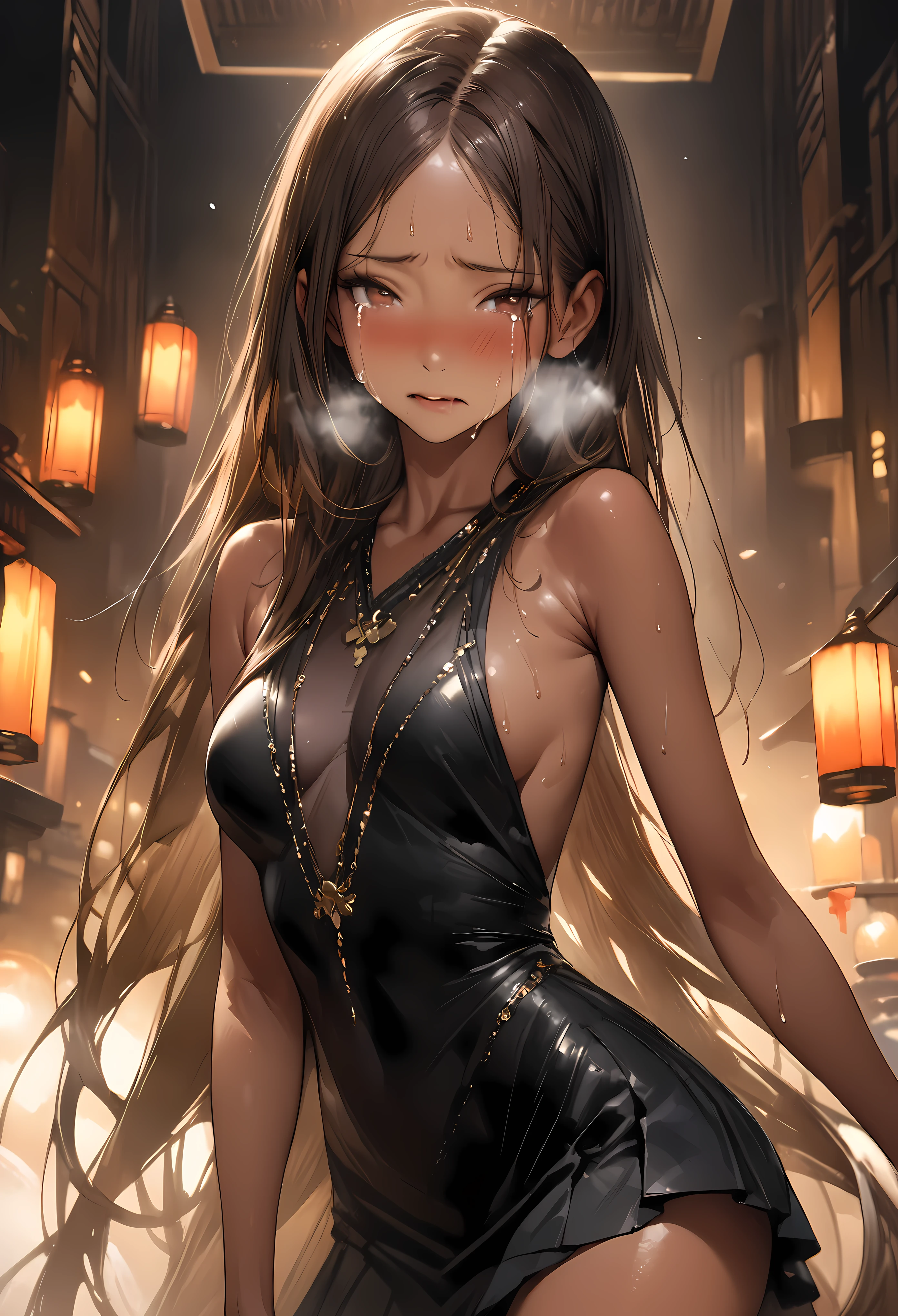 ((masterpiece,Highest quality:1.3,best quality illustration,realistic:1.3)),cowboy shot,solo,1woman,(20-year-old、Japanese Beauty)、brown hair,long hair,center parted bangs,brown eyes,gorgeous eyes,((very small head:1.3)),tears,Heavy breathing,((very long body:1.2,skinny)),medium breasts,(tan skin:1.5), (gleaming skin,toned body,slender body),sweat,(Black sleeveless dress、Black pleated mini skirt)、Luxurious party venue、