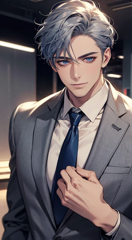 (Highest quality,4K,8K,High resolution,masterpiece:1.2),Super detailed,(Realistic,photoRealistic,photo-Realistic:1.37),1 person,31 years old,Mature Men,Beautiful skin, very handsome,Expressionless,smile in love,Short gray blue hair,blue eyes,Sharp Eyes,A perfect face without a doubt,Businessman, CEO,Office Background,Cinema Lighting,HDR image,tie、