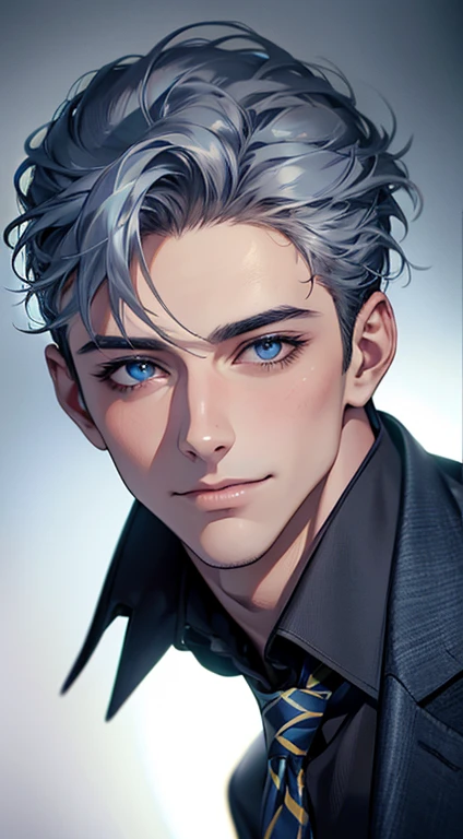 (Highest quality,4K,8K,High resolution,masterpiece:1.2),Super detailed,(Realistic,photoRealistic,photo-Realistic:1.37),1 person,31 years old,Mature Men,Beautiful skin, very handsome,Expressionless,smile in love,Short gray blue hair,blue eyes,Sharp Eyes,A perfect face without a doubt,Businessman, CEO,Office Background,Cinema Lighting,HDR image,tie、