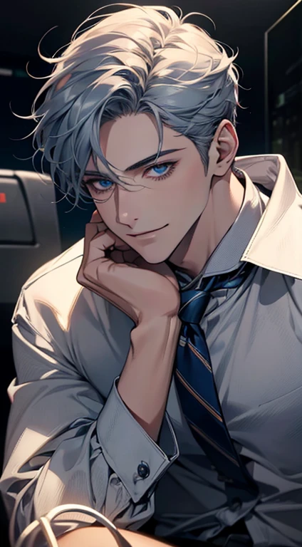 (Highest quality,4K,8K,High resolution,masterpiece:1.2),Super detailed,(Realistic,photoRealistic,photo-Realistic:1.37),1 person,31 years old,Mature Men,Beautiful skin, very handsome,Expressionless,smile in love,Short gray blue hair,blue eyes,Sharp Eyes,A perfect face without a doubt,Businessman, CEO,Office Background,Cinema Lighting,HDR image,tie、