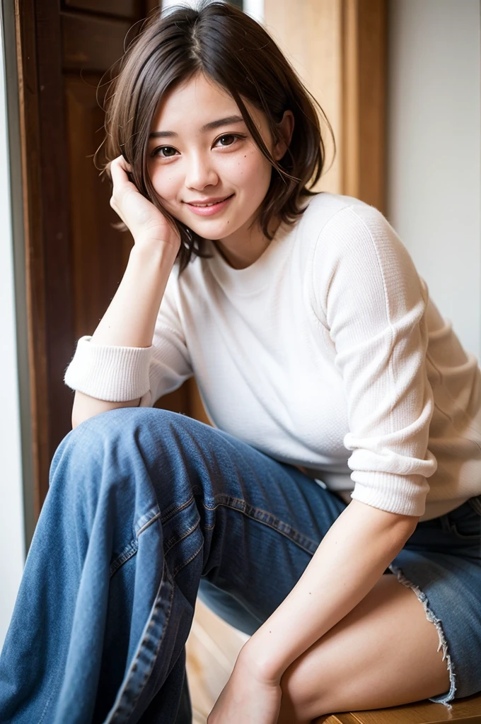 Top quality, 1 beautiful woman, super short Hair, gold hair, wearing  , shy-smile,  at school