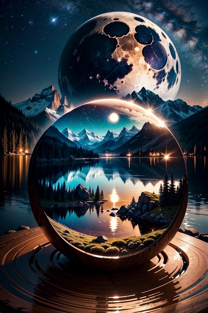 wood egg art, a tranquil mountain lake under moonlight, double exposure, as a portal to another world, night, full moon, many stars, around mountain, breathtaking beauty, unique, the most captivating masterpiece you have ever seen, stunning, award winning, perfect composition, highly detailed