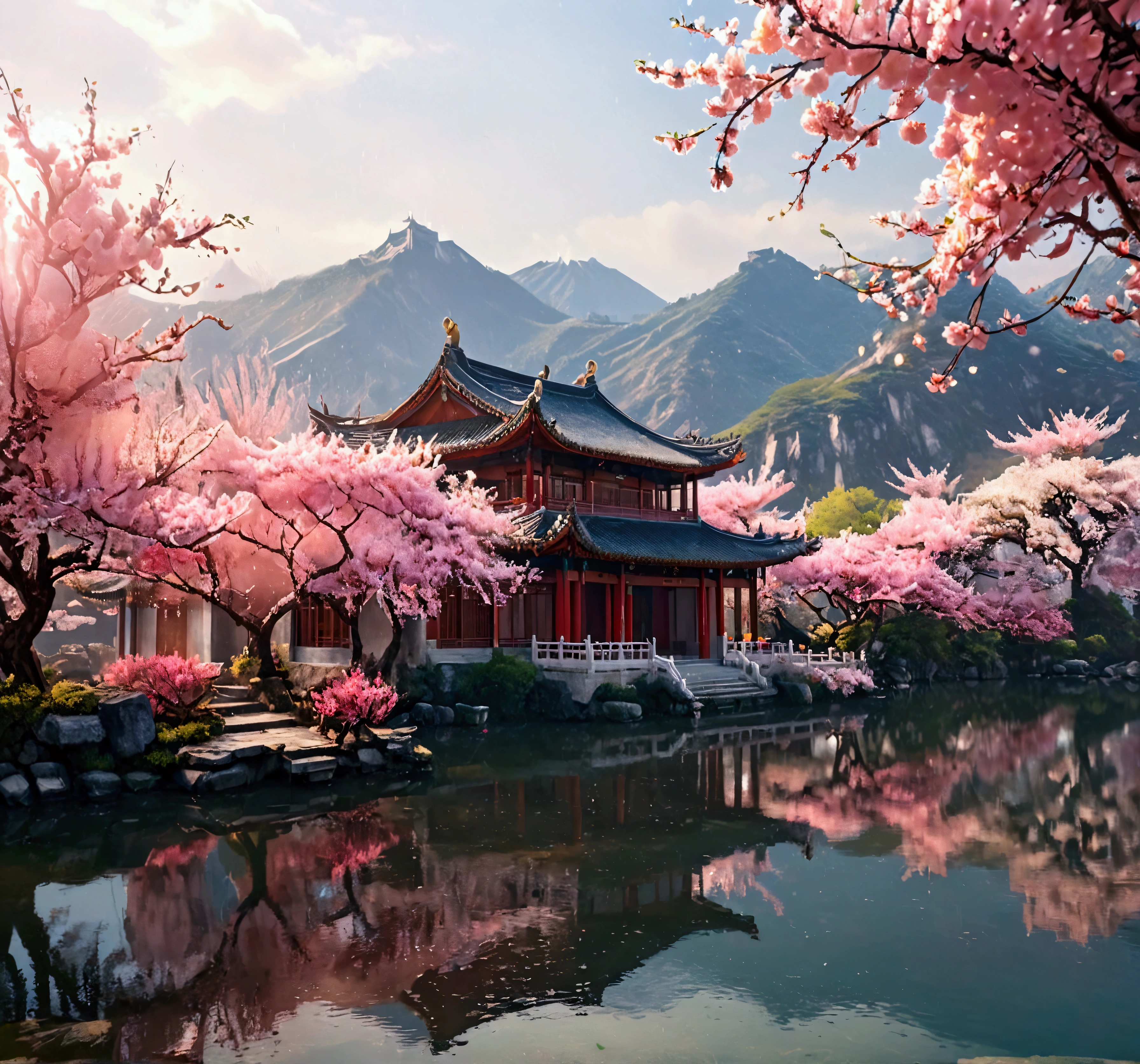 Chinese Architecture,Rich details,rain,Peach blossoms in full bloom,spring, Realism,8K,Photographic techniques, Ancient Chinese buildings reflected on the lake, There is a lake in front of the building and a mountain behind it, Clear sky, 让整个事情充满spring的感觉